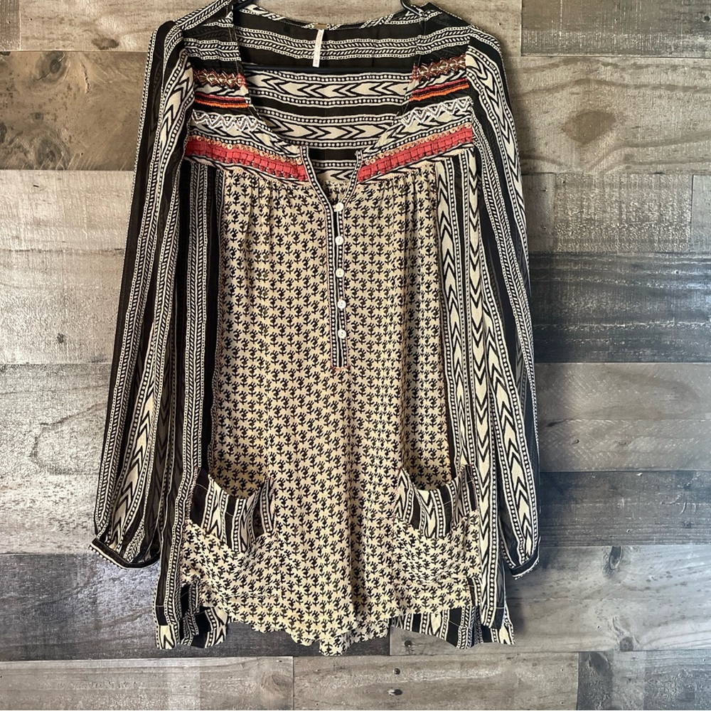 Free People Black and Red Graphic Long Sleeve Blouse